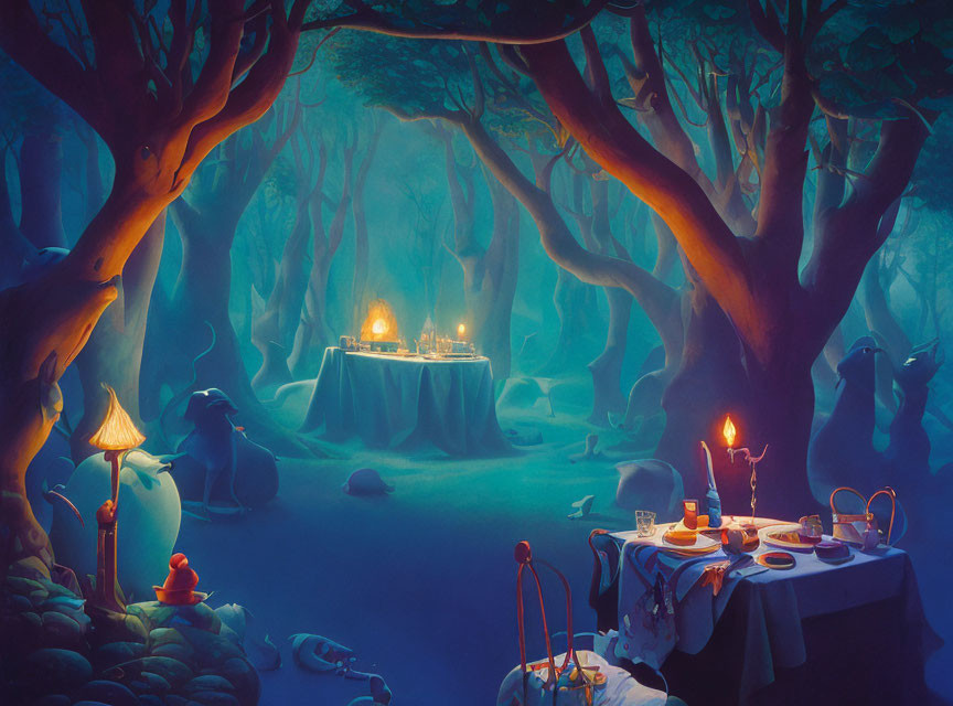 Enchanting forest night scene with candlelit dinner setup