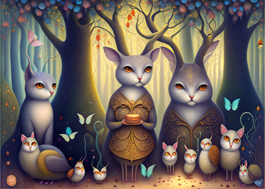 Anthropomorphic rabbits in mystical forest with creatures and luminous flora