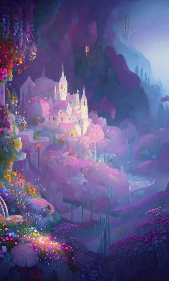 Pastel-colored fantasy landscape with castle and lush flora in soft glow