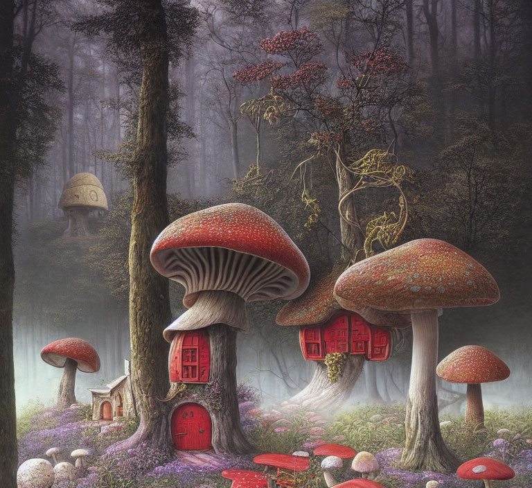 Enchanted forest scene with oversized red mushroom houses in misty backdrop