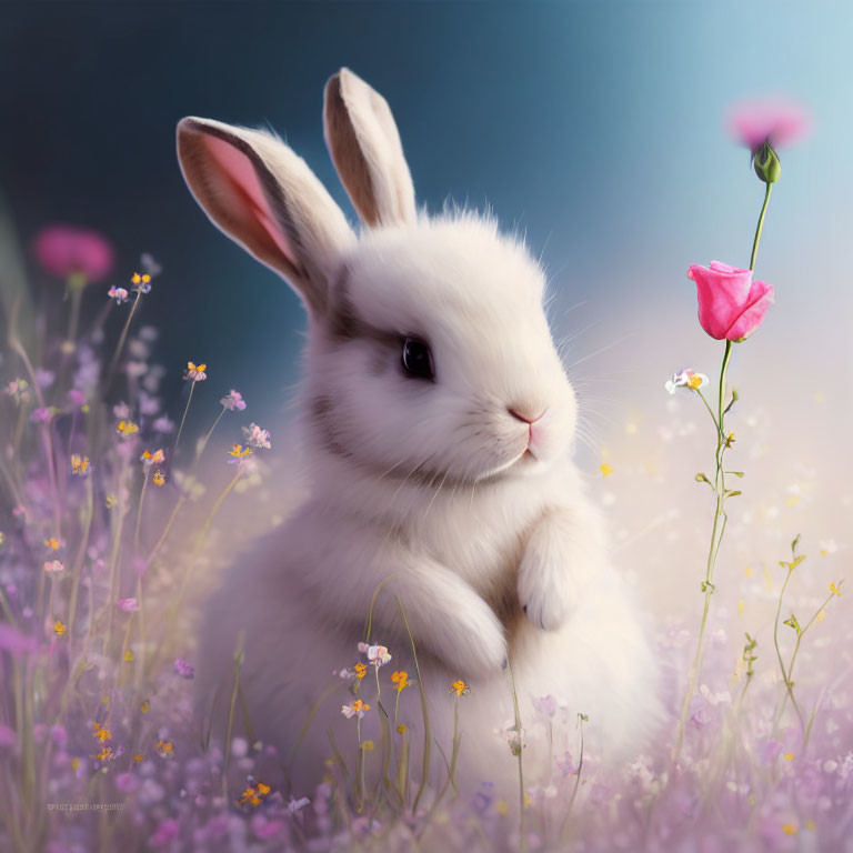 White Rabbit Surrounded by Pink and Purple Flowers on Blue Background