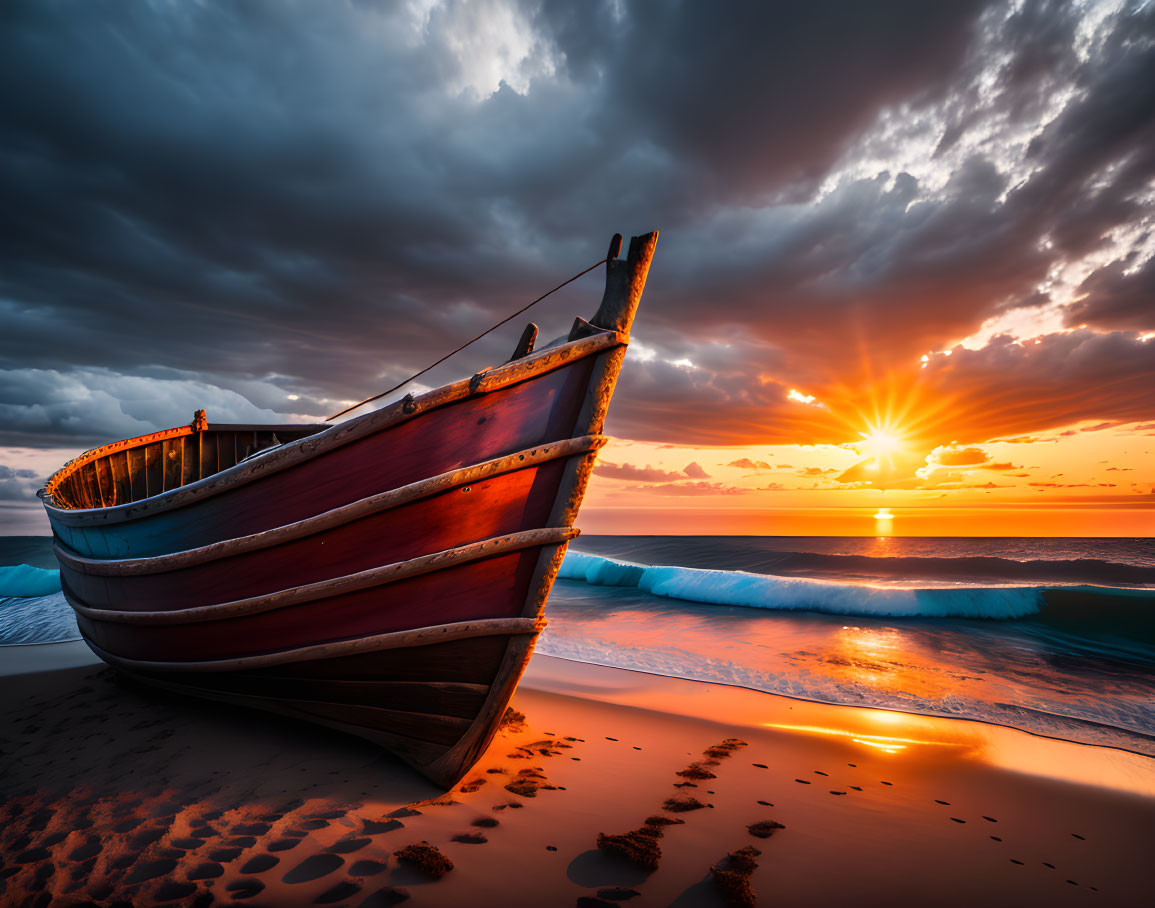 Dramatic sunset beach scene with old boat, footprints, and sky