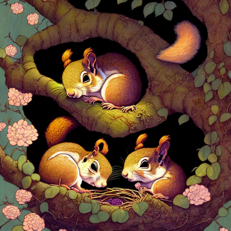 Whimsical tree hollow scene with three squirrels and blooming flowers