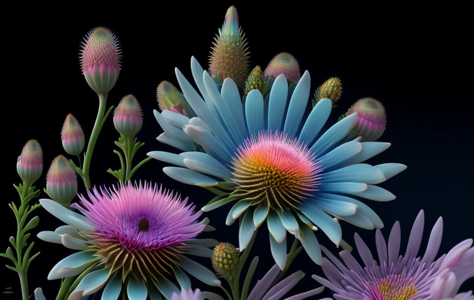 Detailed digital artwork of vibrant blue and purple flowers on dark background