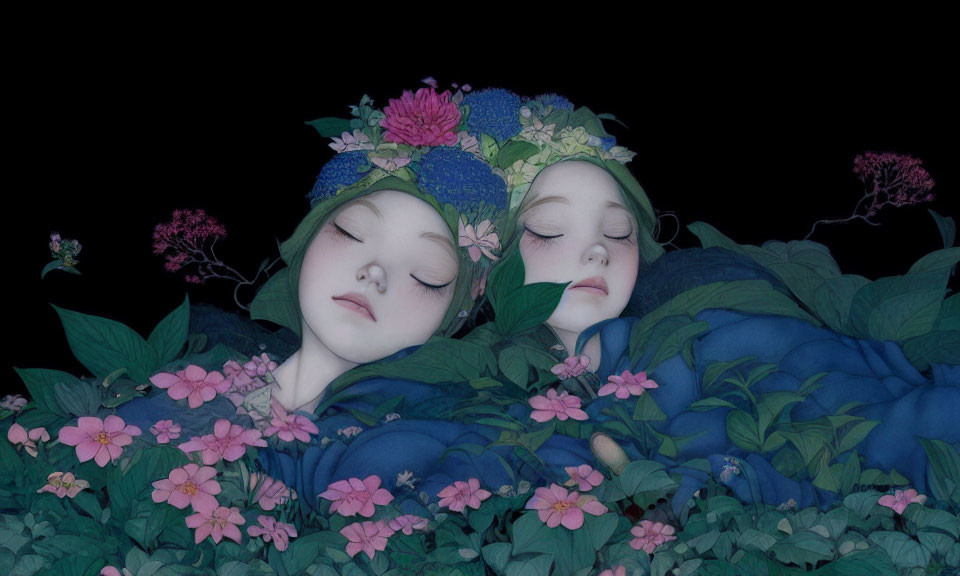 Illustration of serene individuals with closed eyes and floral headpieces in lush botanical setting