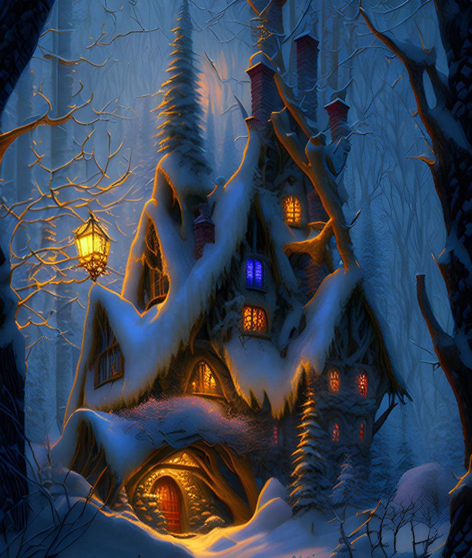 Snow-covered Cottage Glowing in Twilight Winter Forest