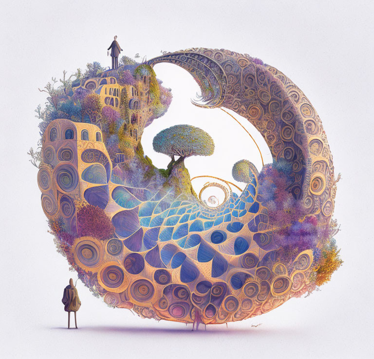 Spiral Ecosystem with Trees and Figures in Surrealistic Image