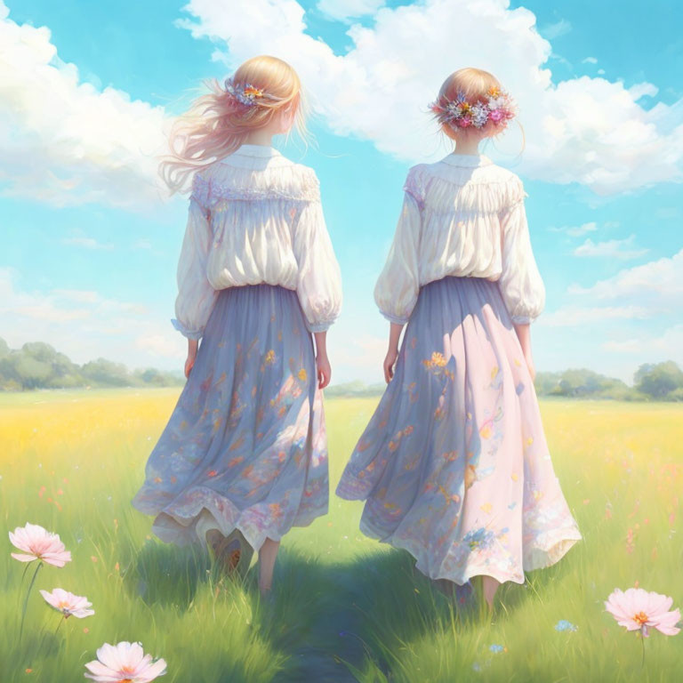 Two girls in floral dresses and flower crowns in sunny field with blue sky