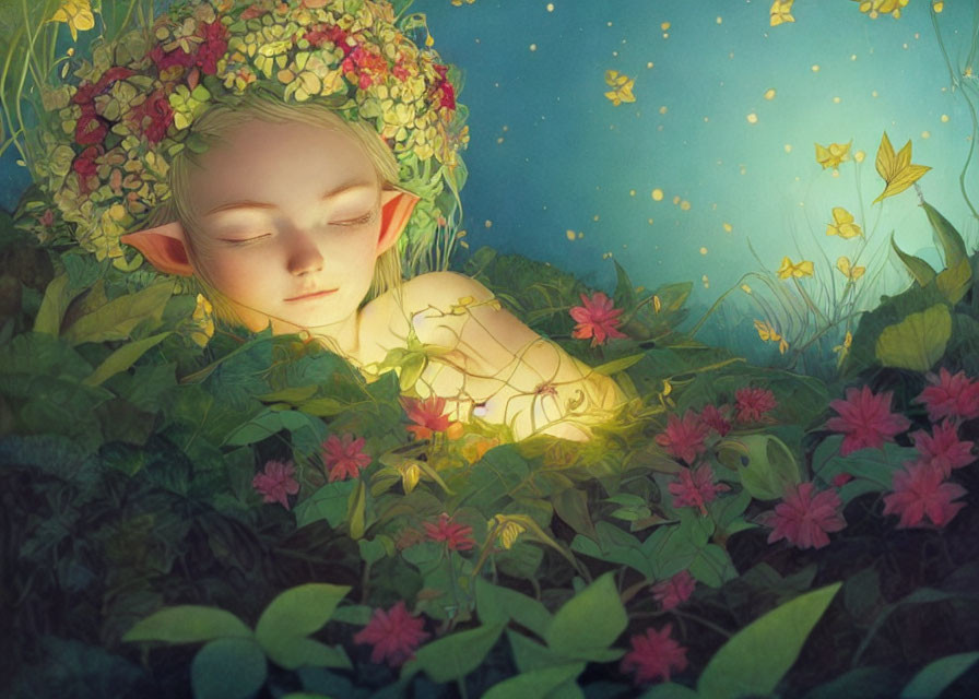 Tranquil fantasy illustration of sleeping elf in nature