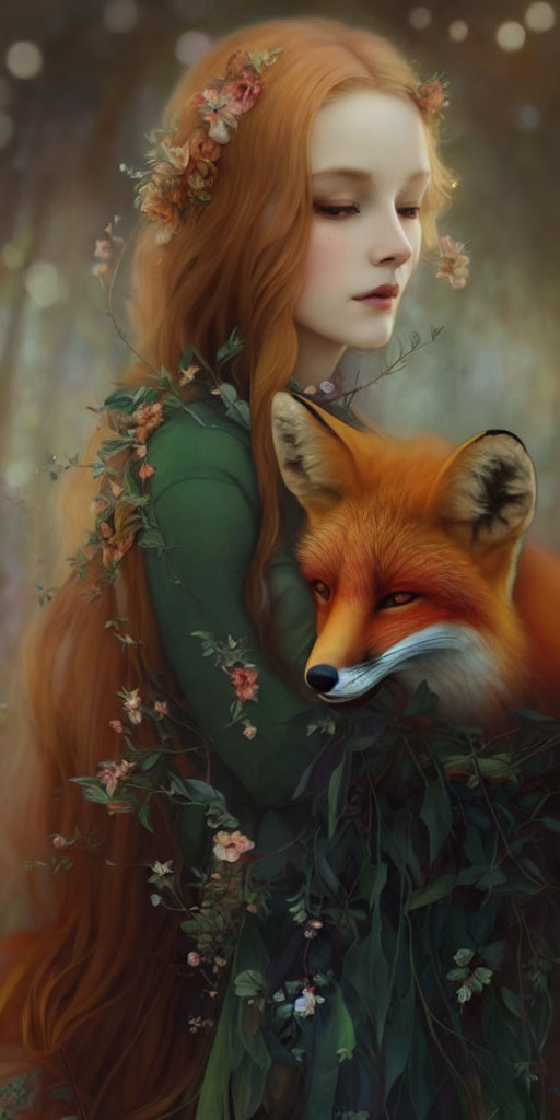 Woman with Long Red Hair Embracing Fox in Ethereal Light