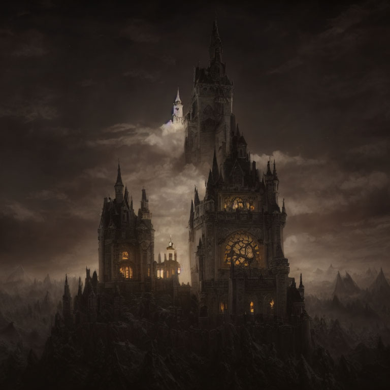 Gothic castle on mountain with moonlit spire & illuminated windows