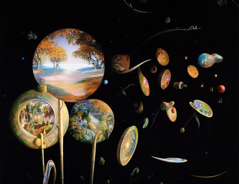 Surreal Artwork: Magnifying Glasses in Space Revealing Pastoral Scenes