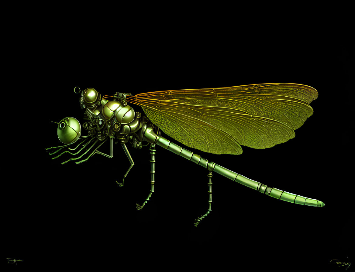 Mechanical dragonfly with gears on dark background