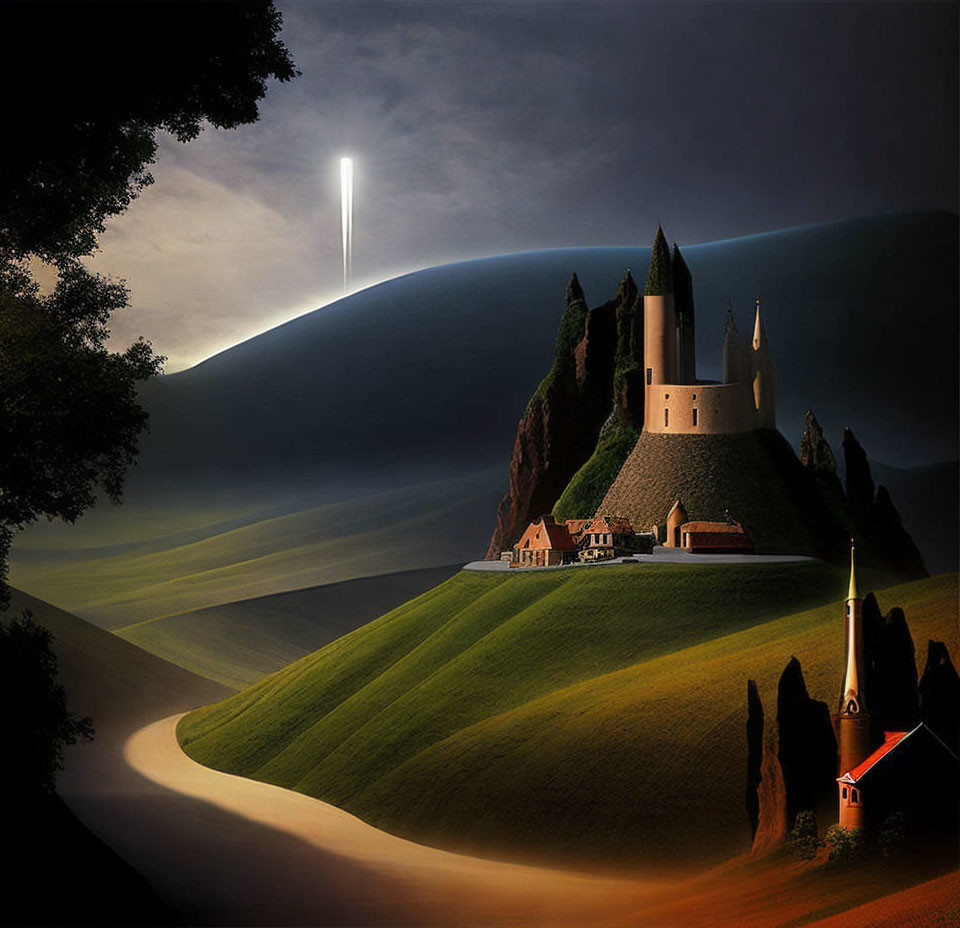 Castle on Hill Illuminated by Single Beam in Dark Sky