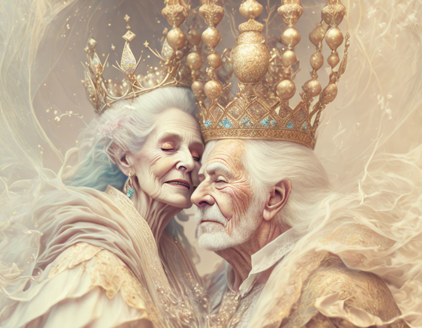 Elderly Royal Couple with Crowns Embracing in Soft Glow