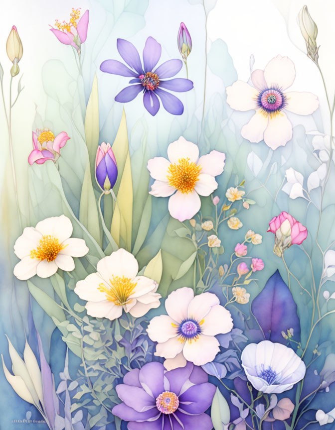 Soft-Colored Botanical Illustration with Purple, Pink, and White Flowers