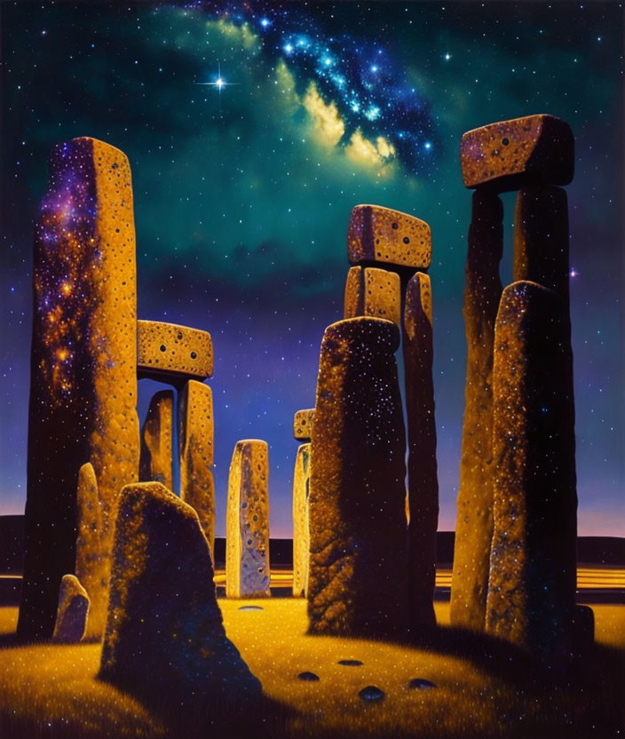 Digital illustration: Stonehenge under starry night sky with radiant galaxy.