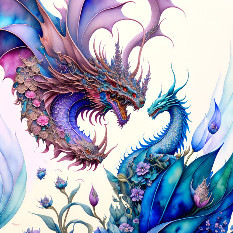 Colorful Dragon Illustration in Fantastical Flora Setting