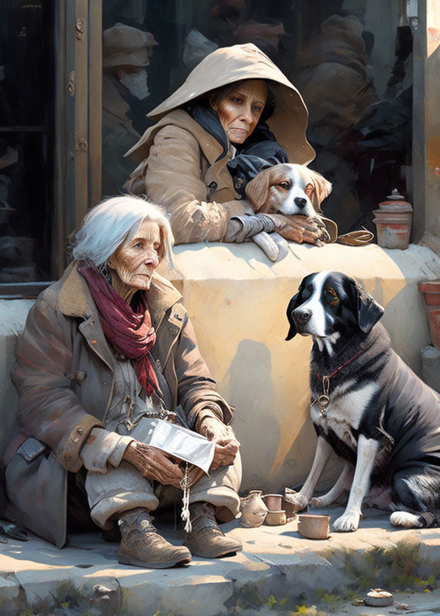 Elderly individuals with dogs sitting by building in serene moment