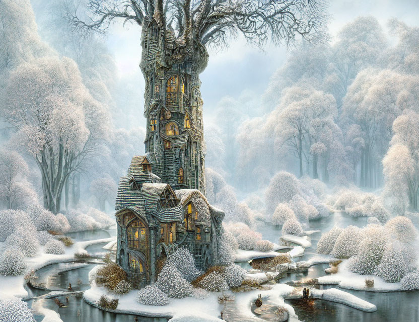 Stone cottage in tree surrounded by winter landscape