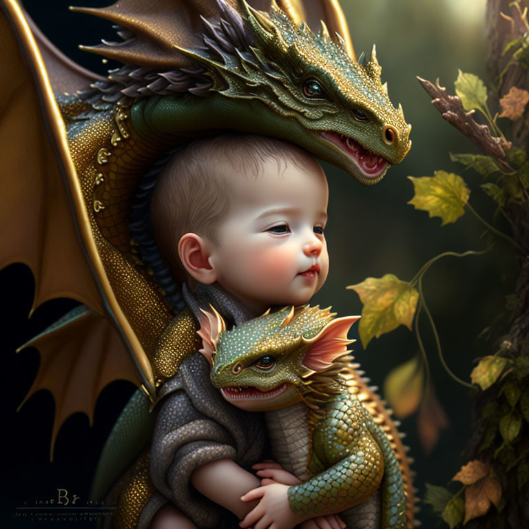 Infant embraced by protective dragons in shadowy backdrop