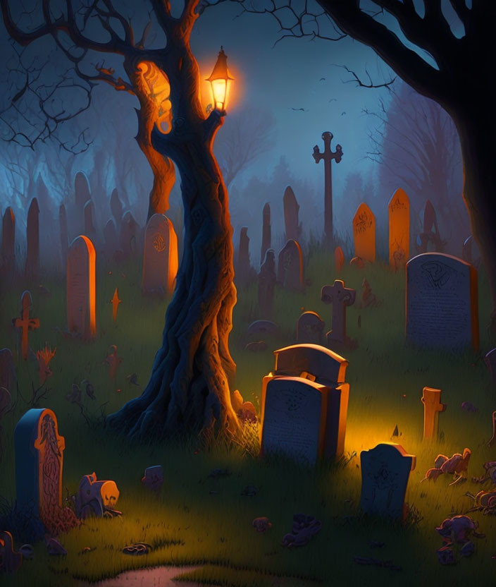 Eerie graveyard scene with lantern hanging from tree