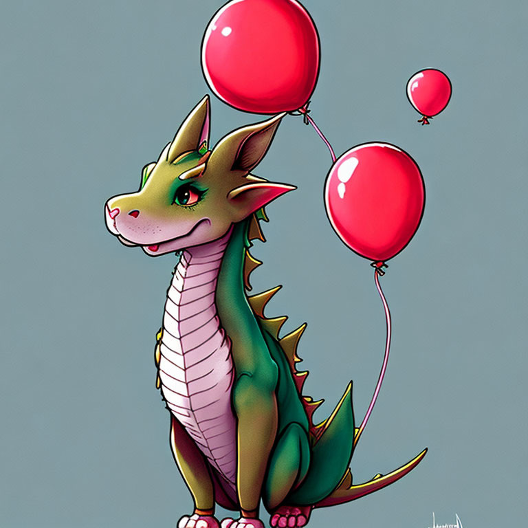 Colorful Cartoon Dragon Holding Red Balloons on Gray Background