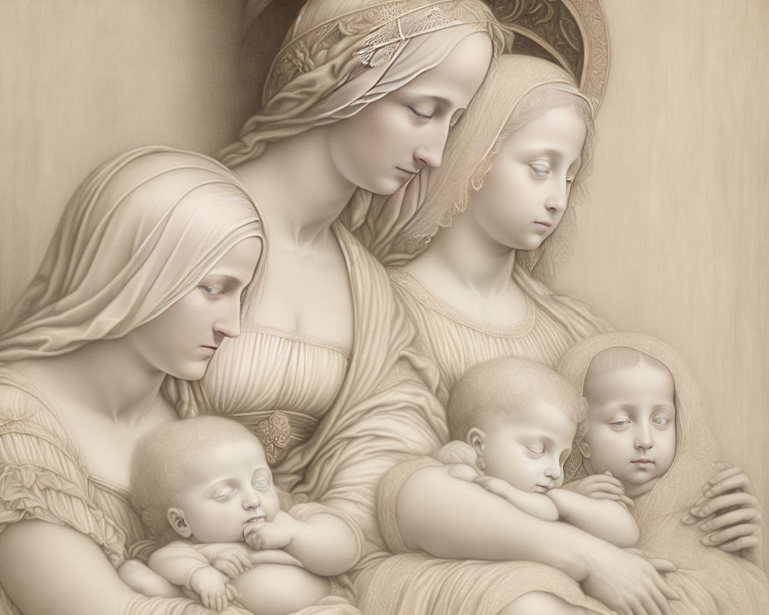 Monochromatic artwork featuring four serene women and two infants