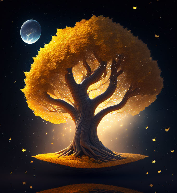 Majestic tree with golden leaves under night sky and full moon