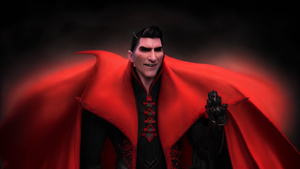 Animated vampire with sharp fangs in red and black cape on dark background