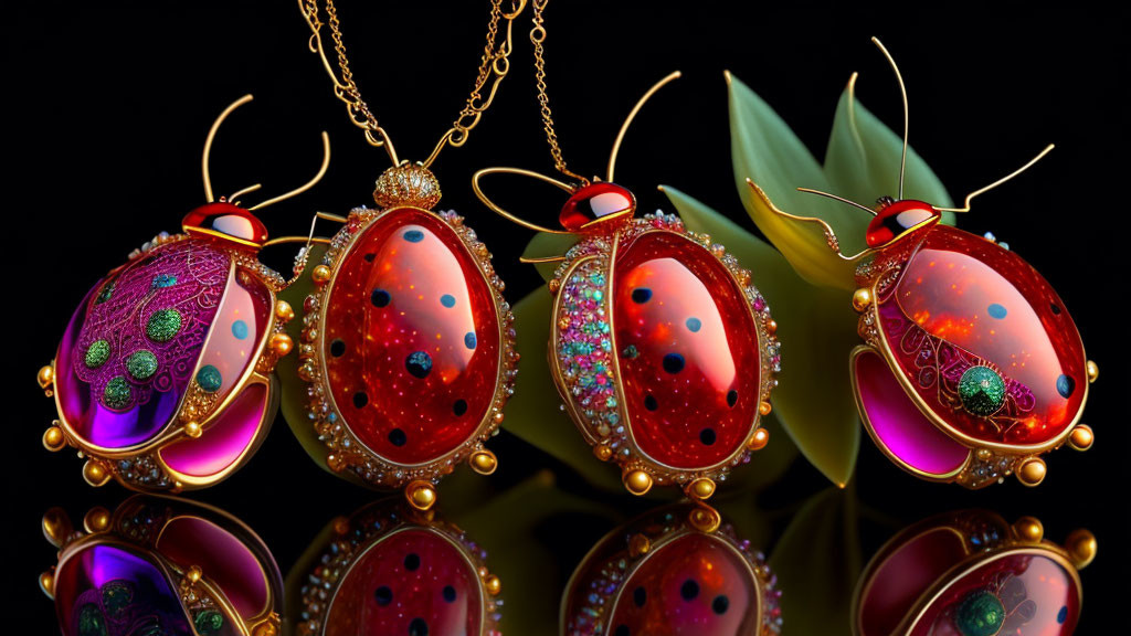 Ornate Ladybug-Shaped Pendants with Gemstone Designs on Reflective Surface