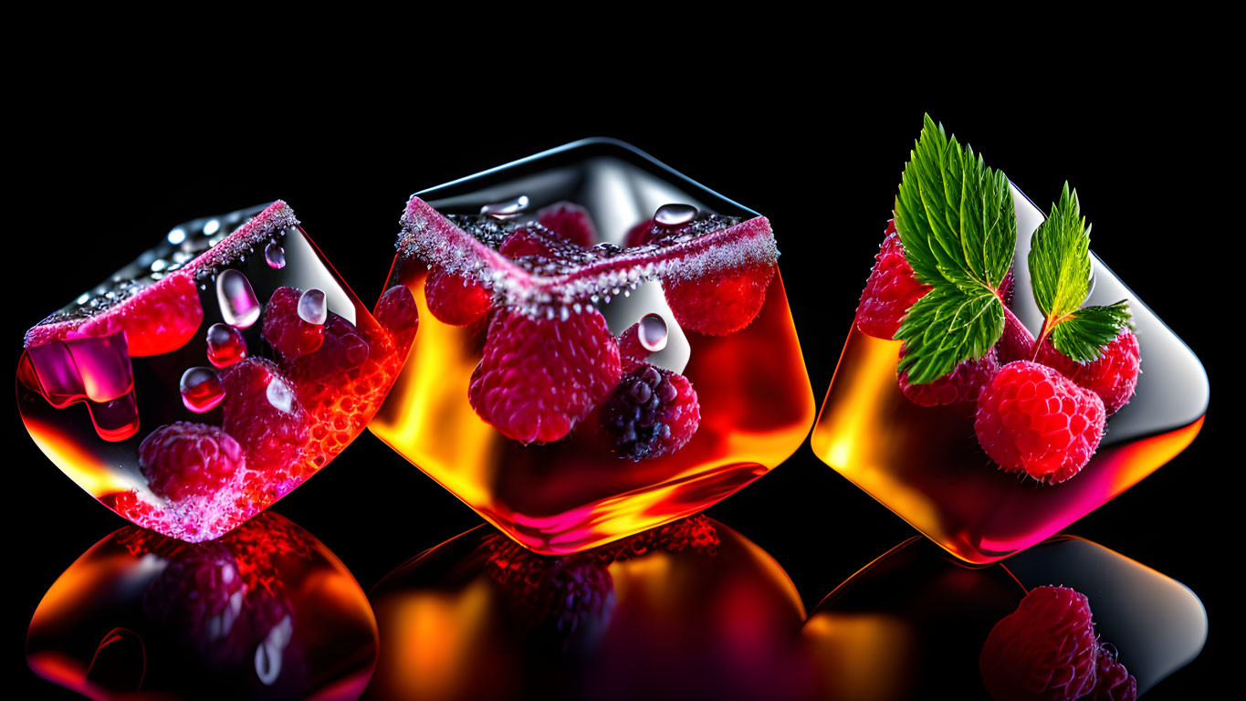 Three tilted whiskey glasses with raspberries and ice cubes on black background.