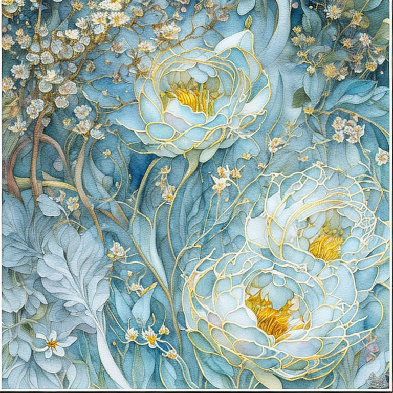 Detailed Watercolor Painting of White Peonies and Blue Floral Backdrop