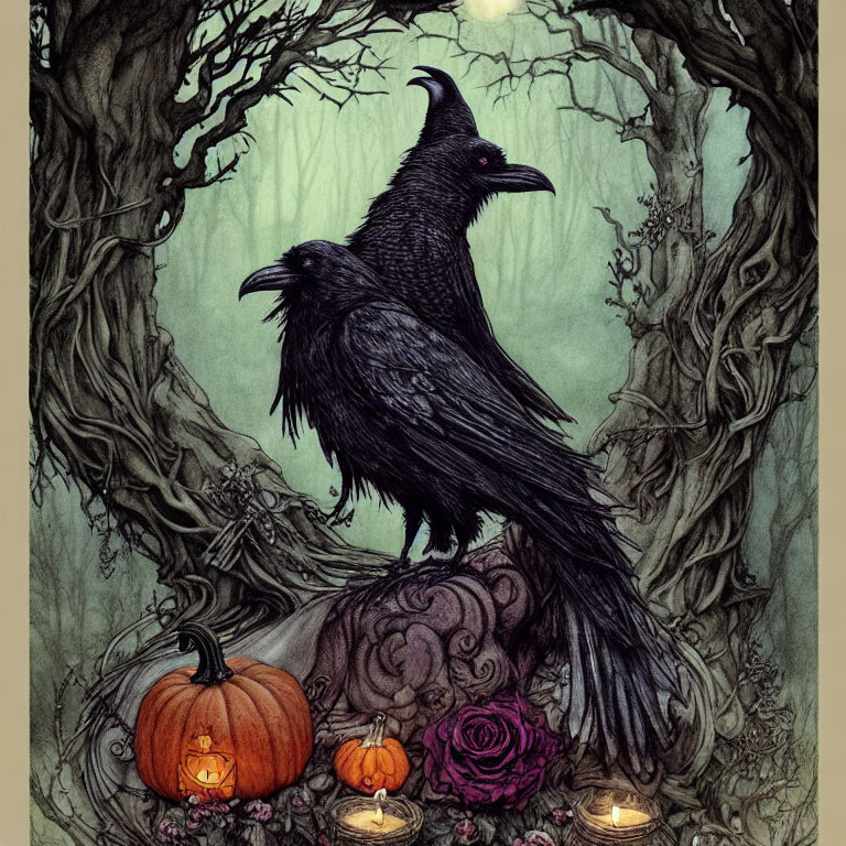 Dark Halloween scene with ravens, pumpkin, gourds, rose, and candles