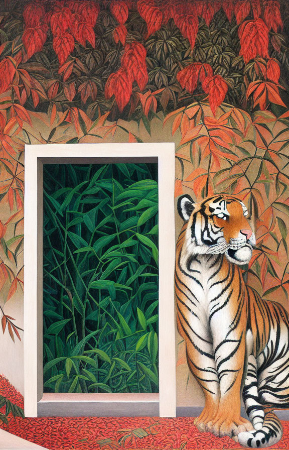 Tiger sitting by open door with lush green foliage view