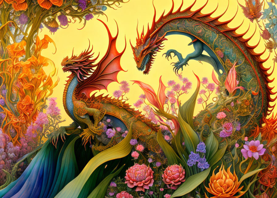 Illustration of red and blue dragons in fantastical garden