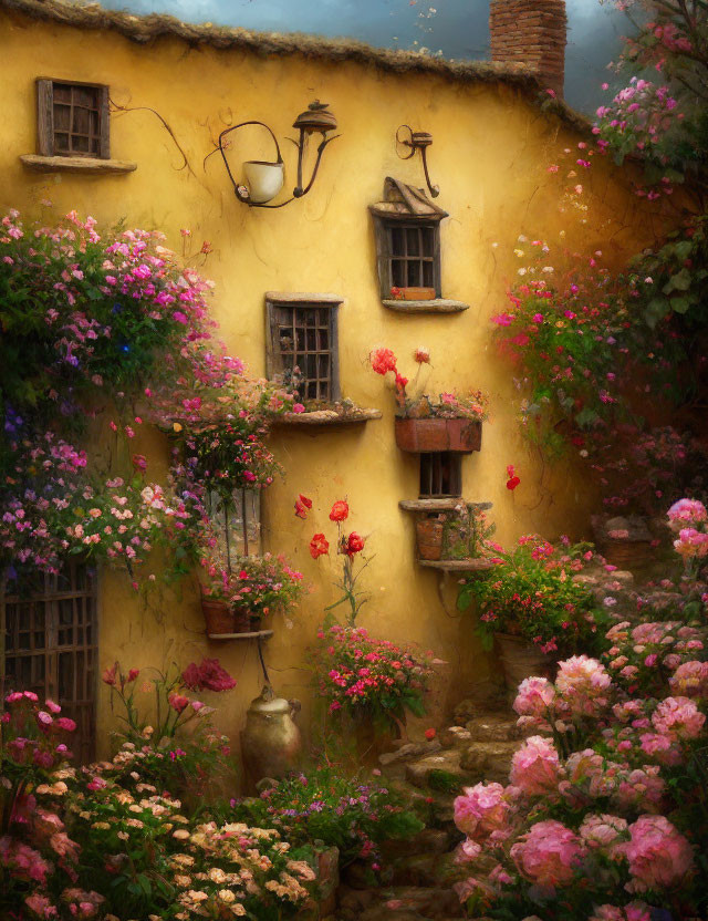 Yellow-walled old house with blooming flowers and greenery