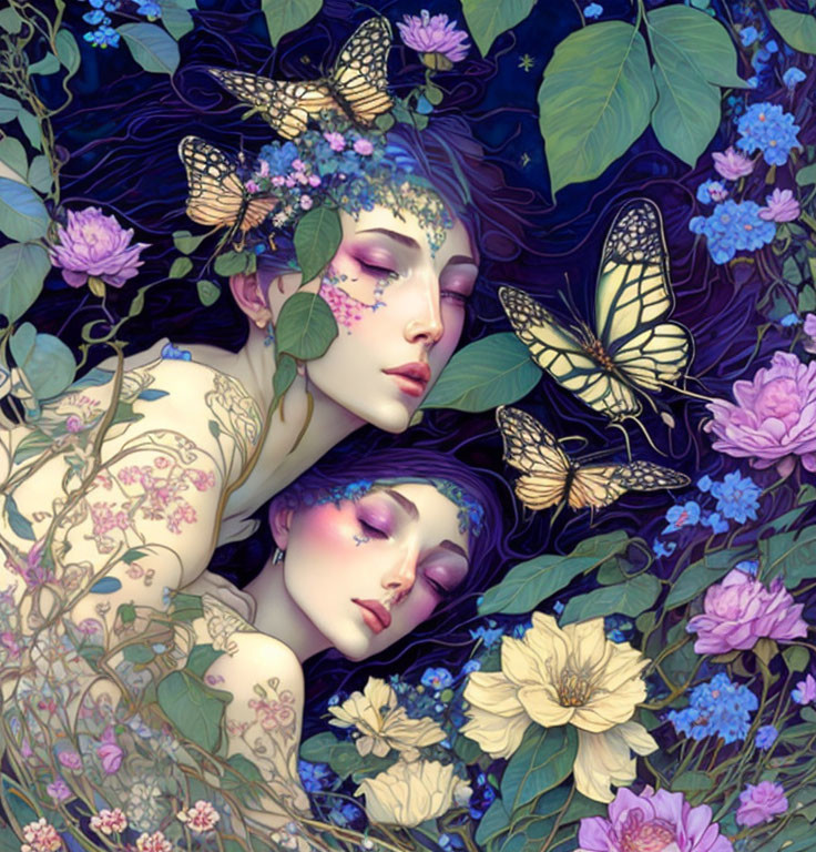 Two people with floral tattoos surrounded by purple and blue flowers and butterflies.