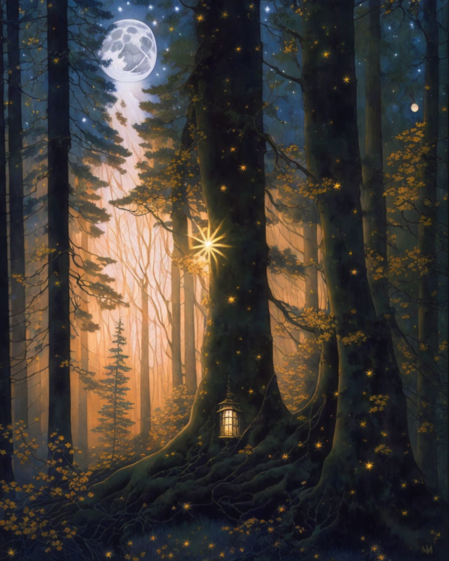 Nighttime enchanted forest with lantern, twinkling lights, and full moon.