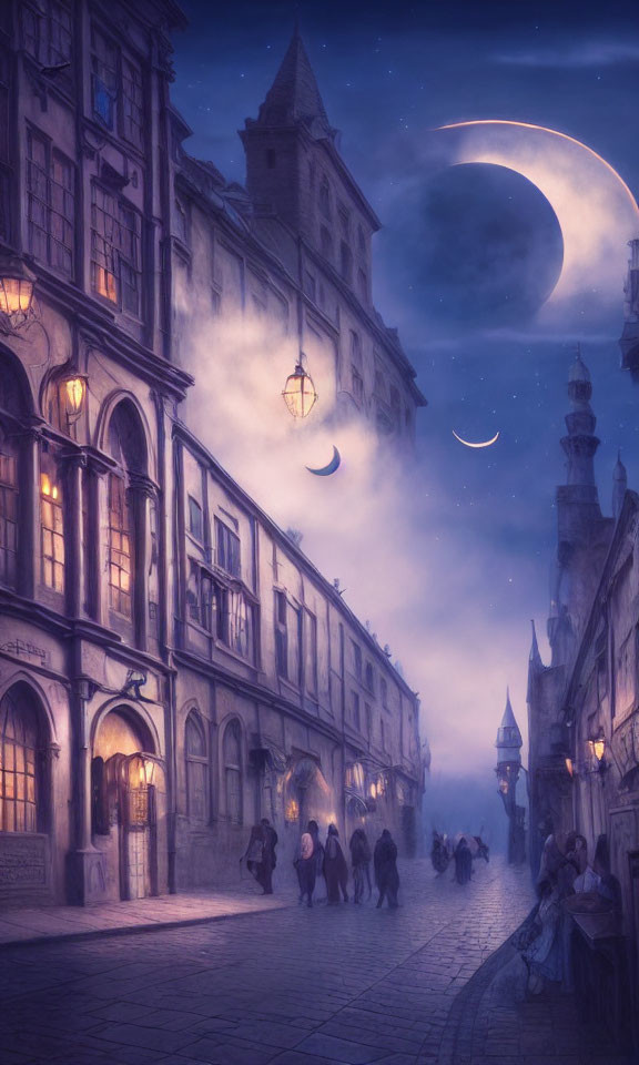 Foggy Twilight Street Scene with Crescent Moon and Vintage Lamps