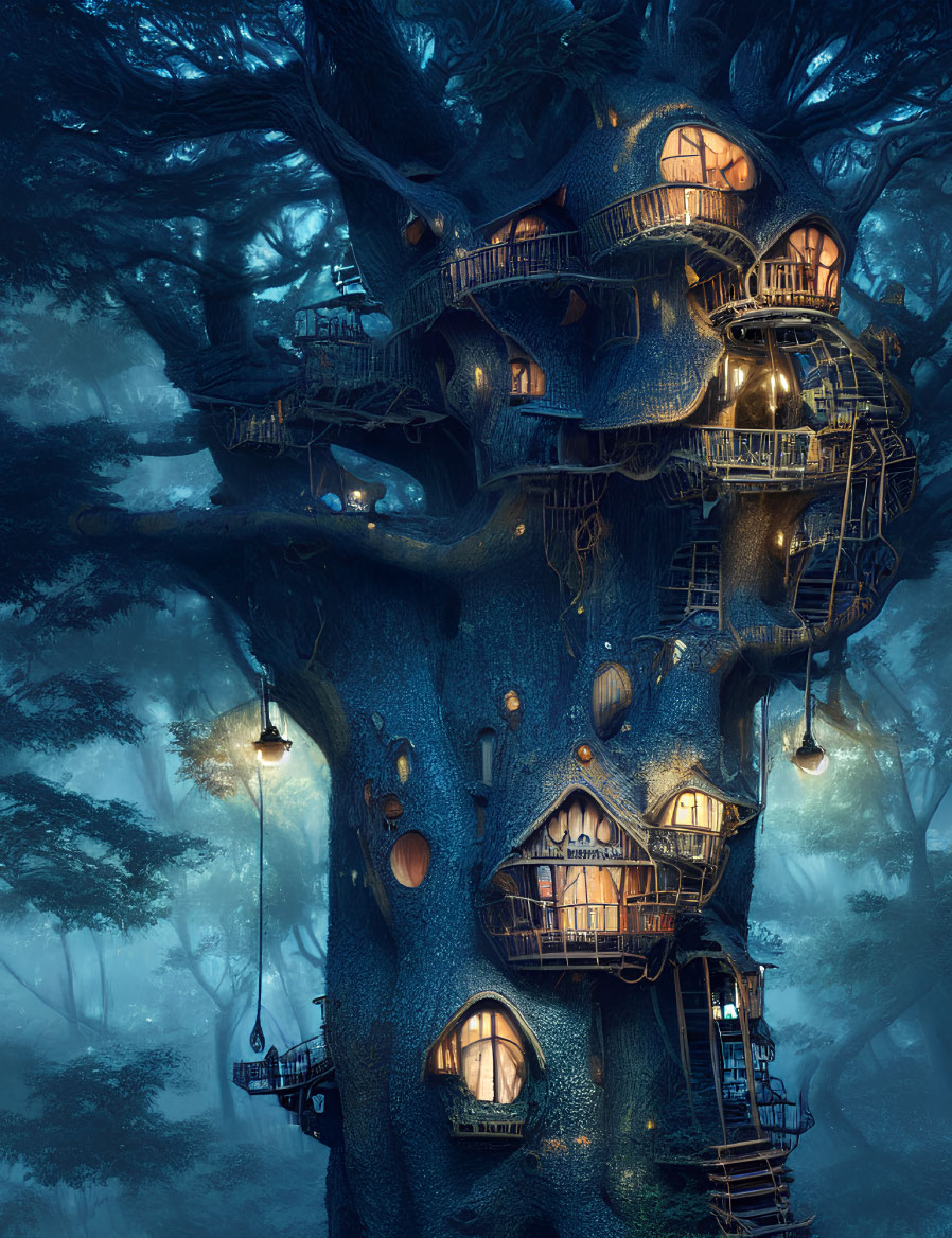 Enchanted forest twilight scene: glowing treehouse.