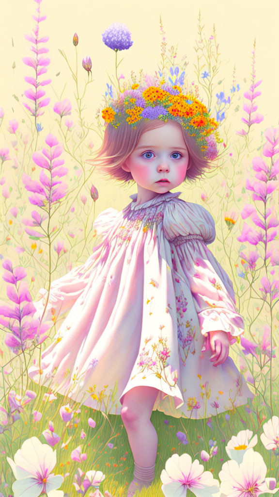 Digital illustration of young child in flower crown and pink dress surrounded by tall purple flowers on soft yellow backdrop