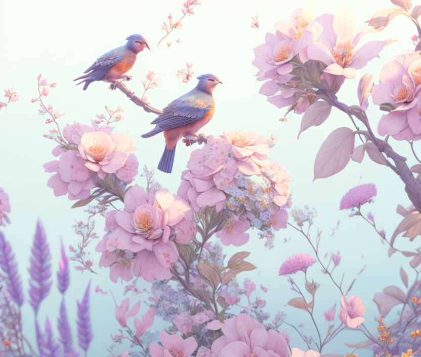 Colorful Birds on Branches Surrounded by Pastel Flowers