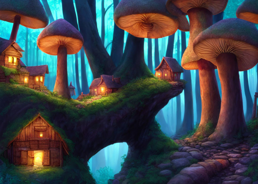 Enchanting twilight forest with oversized mushrooms and quaint houses