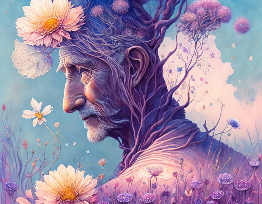 Elderly person profile merging with tree branches and flowers