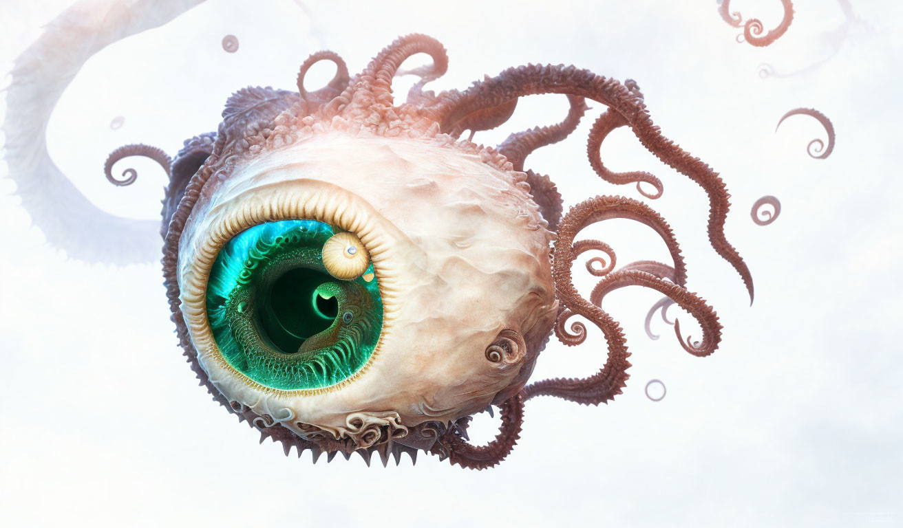 Fantastical creature with large eye, spiraling pupil, gear-like textures, tentacles, cloudy