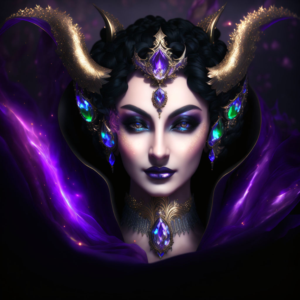 Fantasy image of woman with horns, glowing attire, dramatic makeup, and ornate jewelry