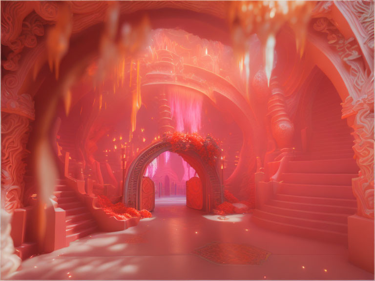 Ethereal Pink and Orange Fantasy Interior with Ornate Arches and Glowing Tendrils