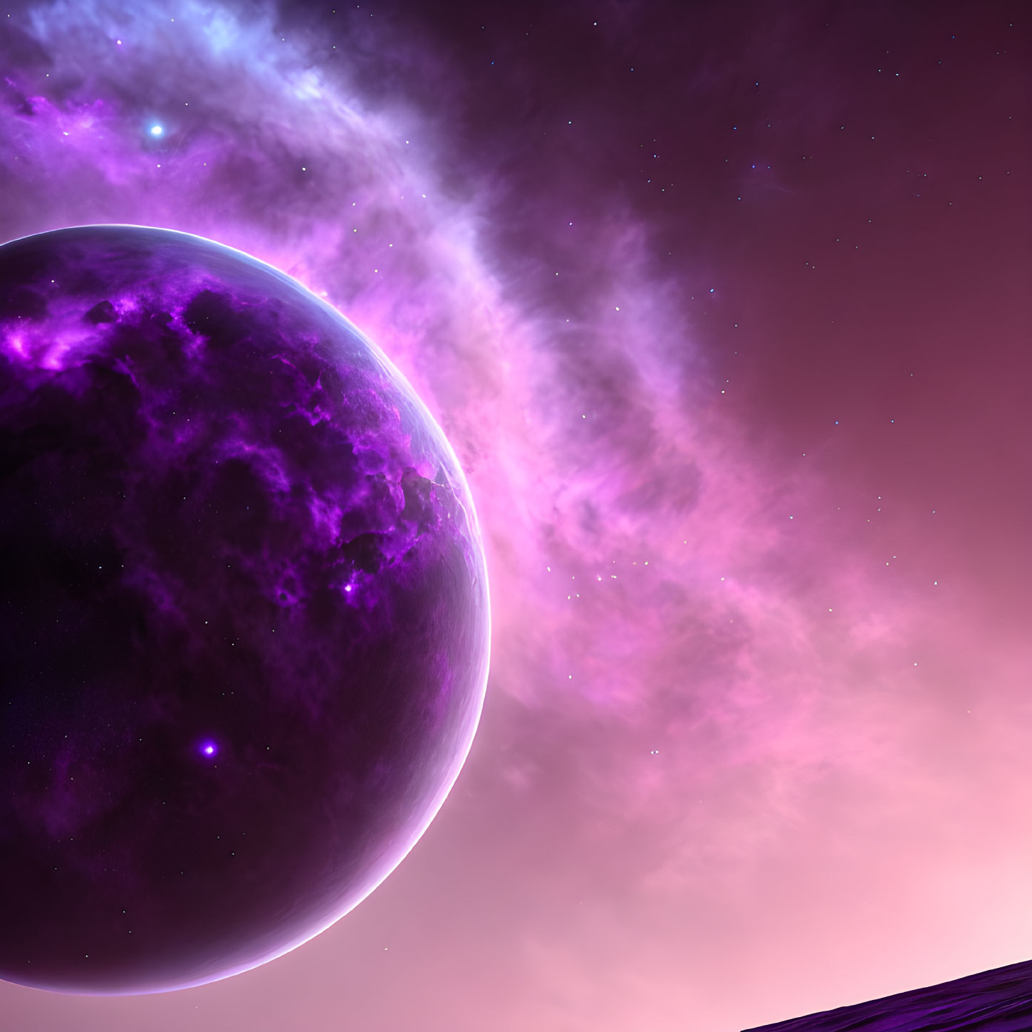 Colorful Space Scene with Large Purple Planet and Nebulae