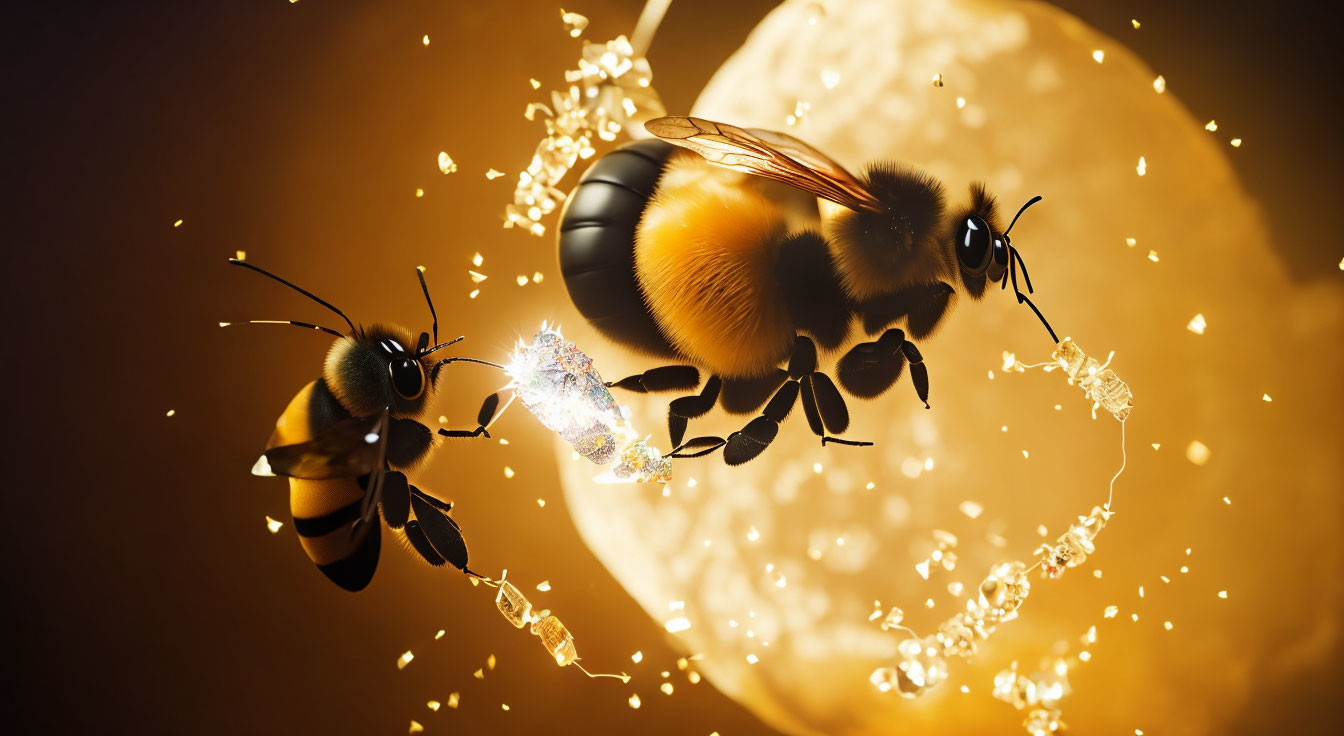 Bees flying near honeycombs on golden background